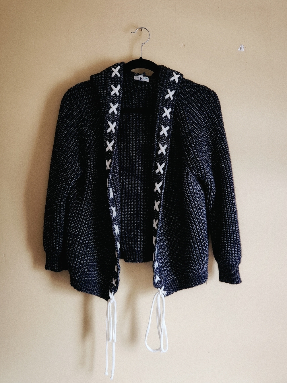 Open-Front Knit Hoodie with White Lace-Up Trim - Black